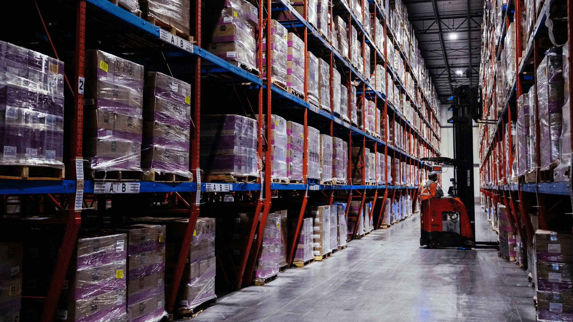 Interior view of a cold storage warehouse with high shelves packed with pallets wrapped in purple plastic, under dim lighting. A forklift is operated by a worker in the central aisle.