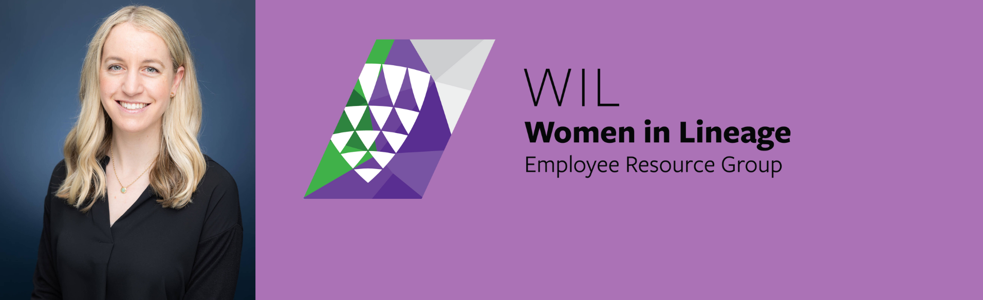 Profesjonalny portret Caitlin Voegele, dyrektor ds. strategii analizy danych w Lineage, obok logo grupy wsparcia Lineage Women in Lineage .