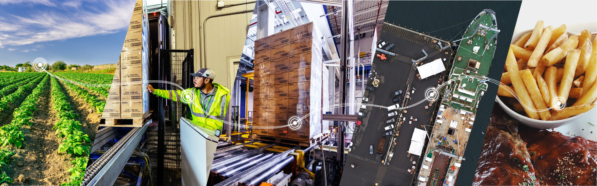 Journey of a French fry showing potato fields, cold storage, shipping logistics and a plated meal, connected by a supply chain path.