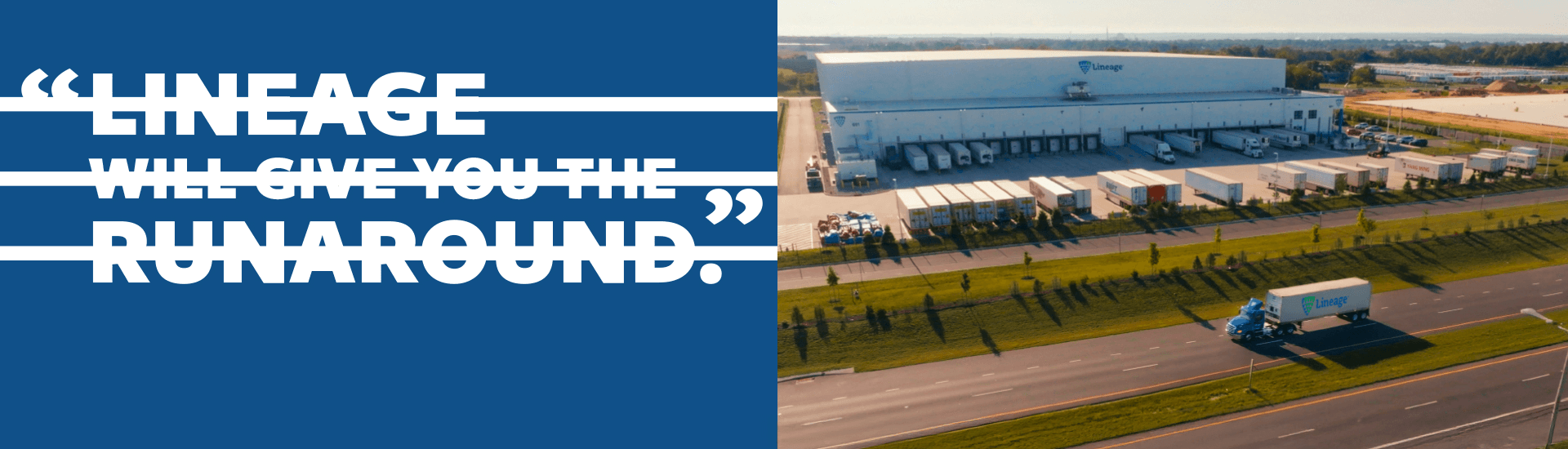 Magazyn Lineage z ciężarówkami na drodze i nakładką z tekstemLineage cię zwodzić” z przekreśleniami, podkreślający zintegrowaną logistykę.