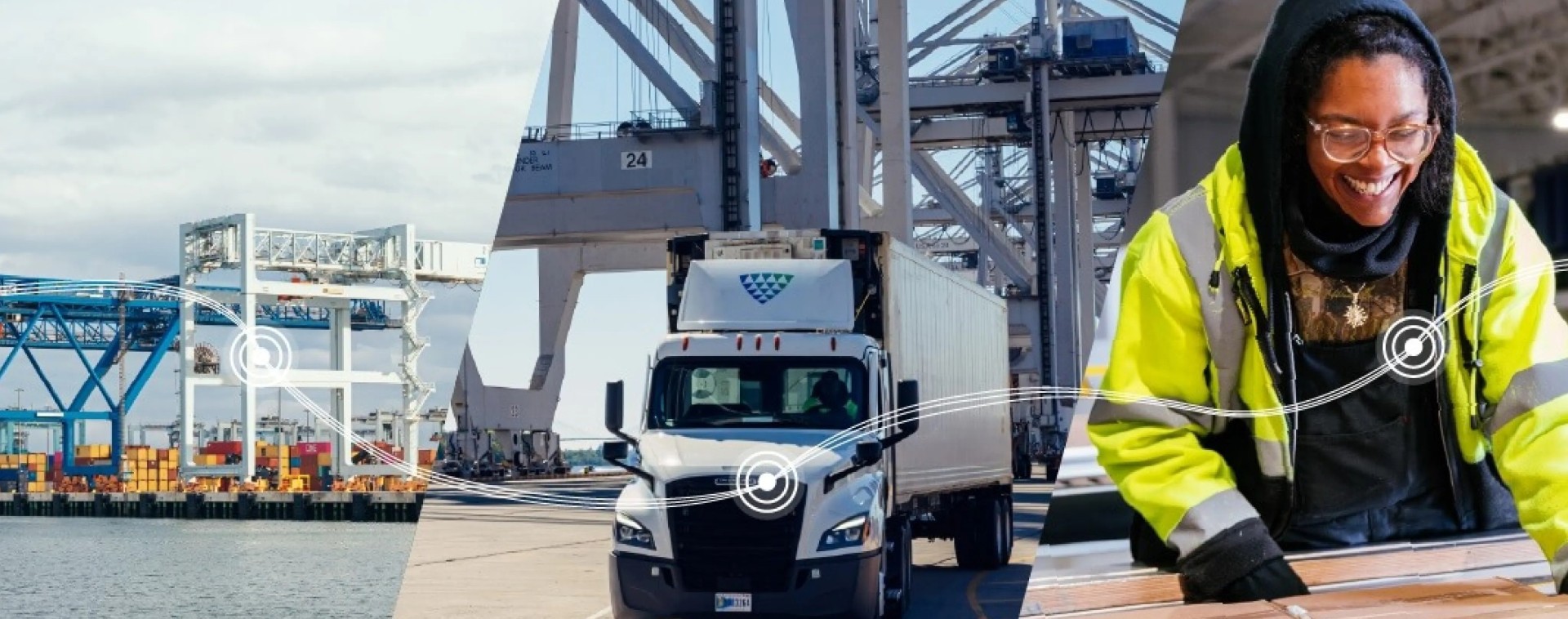 Composite image showing a port crane over water, a Lineage truck moving through a terminal, and a warehouse team member handling packaged goods, illustrating an end-to-end cold chain journey from port to transportation to warehouse operations.