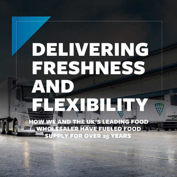 Lineage refrigerated trucks at a UK food wholesaler distribution facility highlighting a 25-year temperature-controlled logistics partnership.