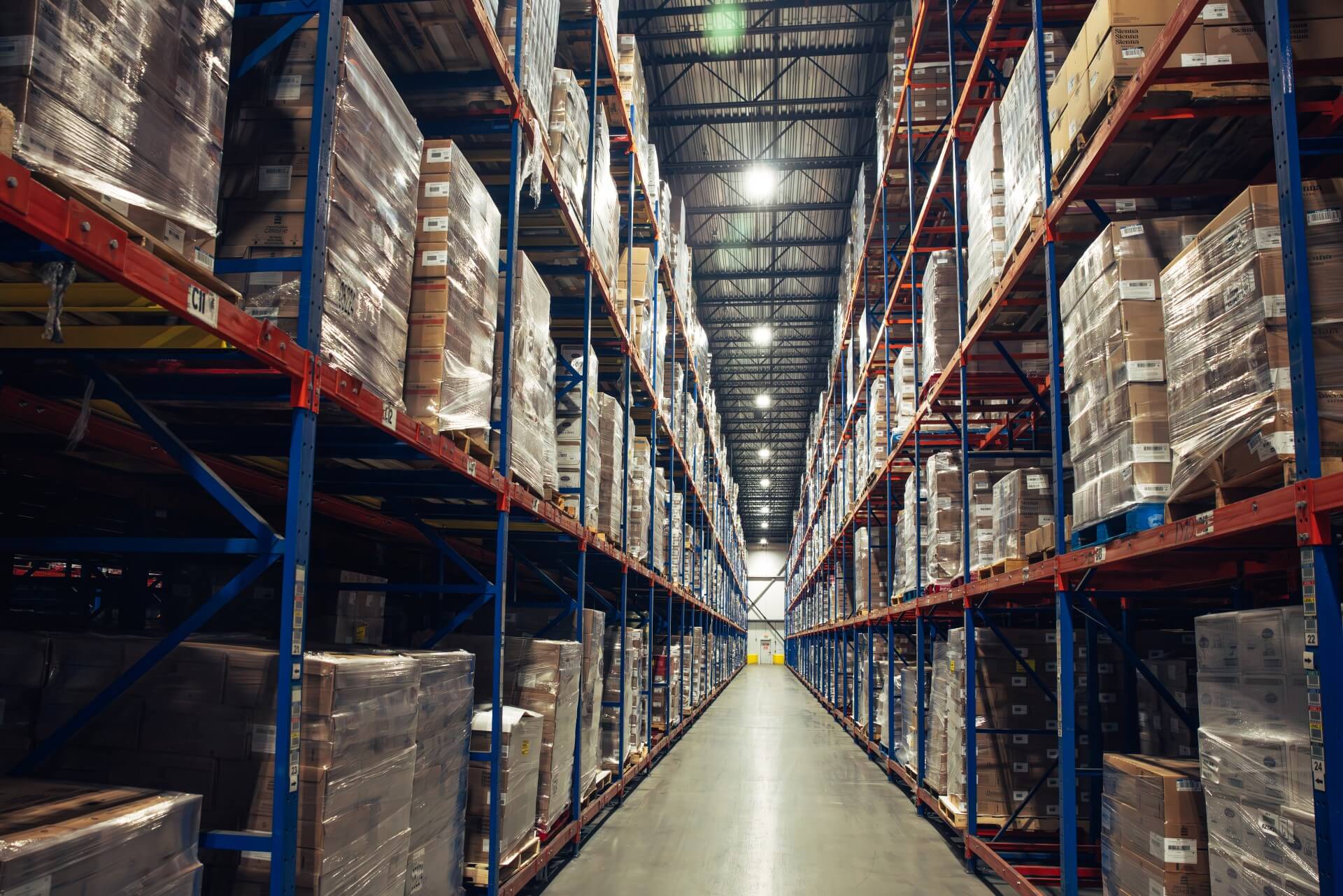 Blast freezing tunnel inside a cold storage warehouse with palletized food products stored in high-bay racking, illustrating rapid temperature-controlled freezing and cold chain preservation.