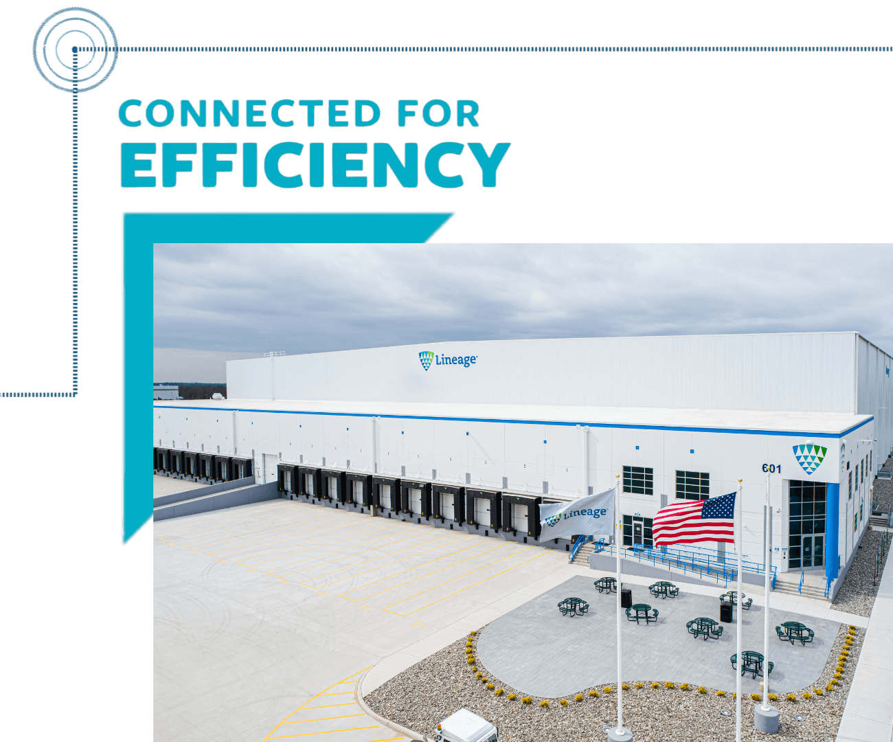 A Lineage cold storage warehouse facility with dock doors and loading bays, illustrating how global warehousing connects storage, transportation and trade for greater efficiency.