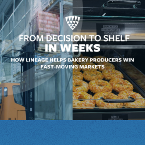 Cover image for a Lineage case study featuring trays of frozen baked goods on a production line beside a cold storage warehouse, illustrating how bakery producers accelerate products from decision to retail shelves through an integrated cold chain.