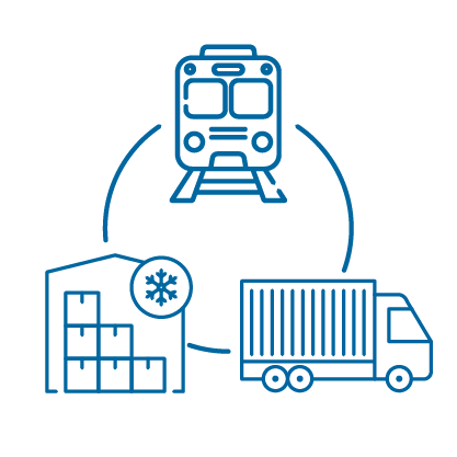 Icon showing rail, warehouse and truck transportation connected in a continuous flow, representing transportation flexibility across the cold chain.