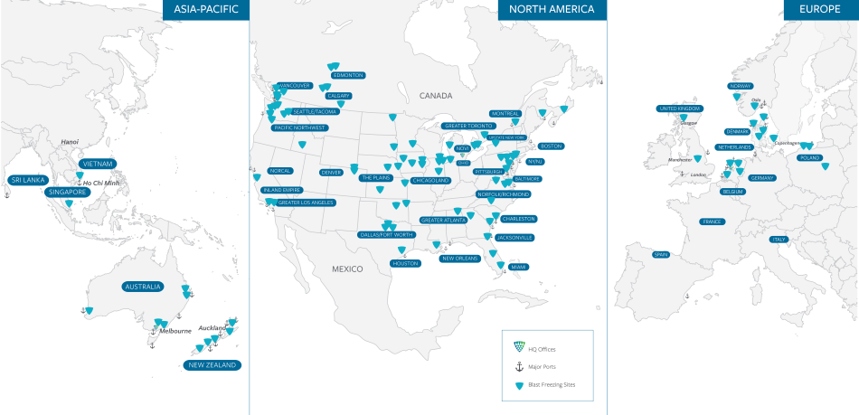Map of Lineage's global network of blast freezing warehouses.