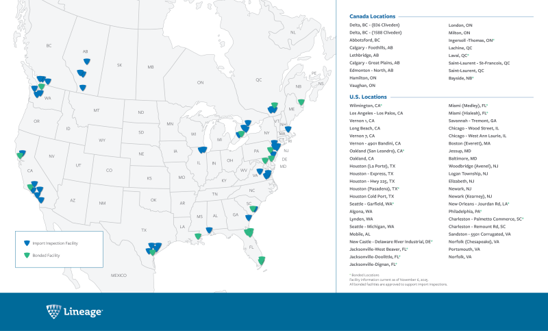 Mappa che mostra i magazzini in regime di deposito doganale e I-House Lineage negli Stati Uniti e in Canada.