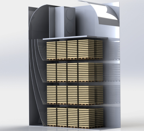 Blast freezing chamber cross-section showing stacked pallets of food products exposed to high-velocity cold airflow used to rapidly remove heat and preserve product quality before frozen storage.
