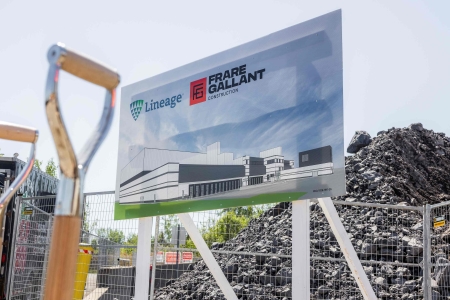 A construction sign announcing the new Lineage warehouse being built by Frare Gallant