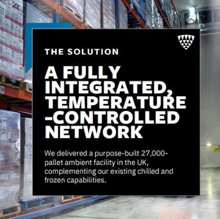 Graphic describing Lineage’s fully integrated temperature-controlled network, including a 27,000-pallet ambient facility in the UK supporting chilled and frozen operations.