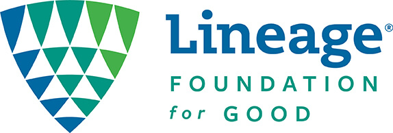 Logo for the Lineage Foundation for Good, featuring a geometric shield icon in green and blue alongside the foundation's name in matching colors.