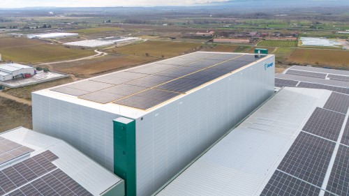 Solar panels installed on the Lineage Milagro cold storage facility in Navarra, Spain supporting renewable energy for refrigerated warehousing