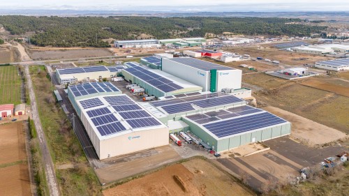 Aerial view of the Lineage Milagro cold storage campus in Navarra, Spain with rooftop solar panels installed across multiple warehouse buildings