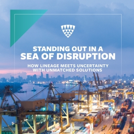 Social graphic titled “Standing Out in a Sea of Disruption” with the subheading “How Lineage meets uncertainty with unmatched solutions,” featuring a busy port scene at dusk with cranes, containers and illuminated terminals.