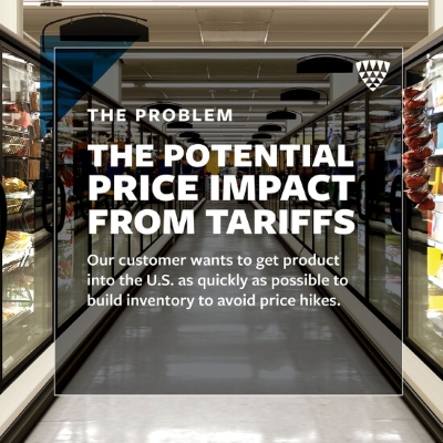 Retail grocery freezer aisle with overlaid text reading “The Potential Price Impact from Tariffs,” illustrating the urgency for a food manufacturer to move product into the U.S. quickly to avoid inventory shortages and price hikes
