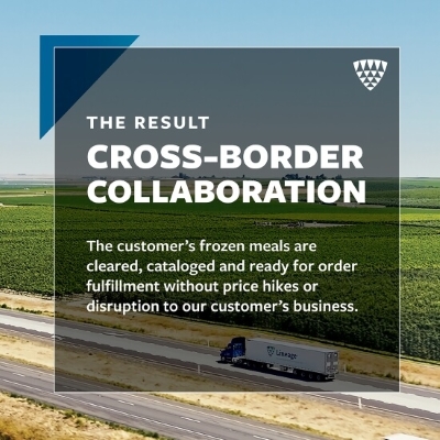 Lineage-branded truck driving along a highway beside farmland, with overlaid text reading “Cross-Border Collaboration.” Highlights how frozen meals were cleared, cataloged, and ready for fulfillment without delays or added costs, thanks to coordinated cross-border logistics.