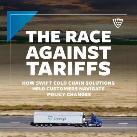 Social graphic titled “The Race Against Tariffs” with subtext “How swift cold chain solutions help customers navigate policy changes,” showing a Lineage truck driving along a roadway with open landscape and water in the background.