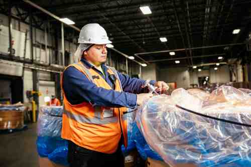 A Lineage team member checks product temperature in a warehouse