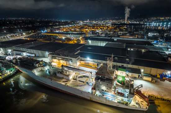 a ship docked at Bellingham Cold Storage facility