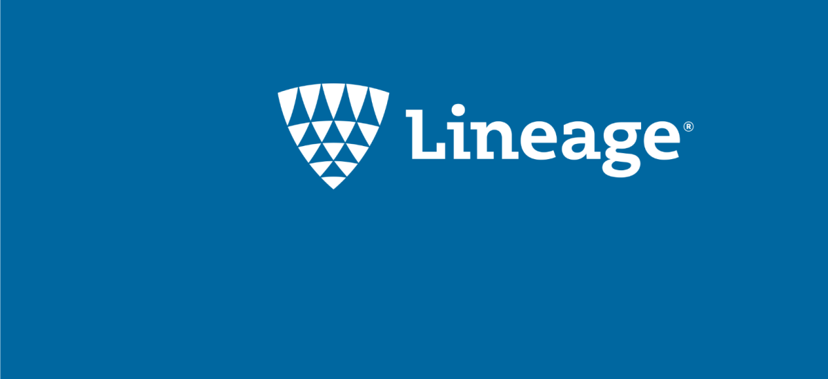A white Lineage logo with wordmark and shield over a blue background