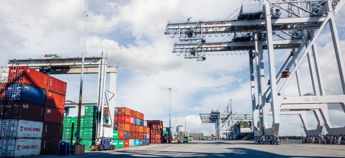 A busy U.S. port with stacked shipping containers and large cranes loading a cargo vessel, illustrating import logistics and cold chain activity.