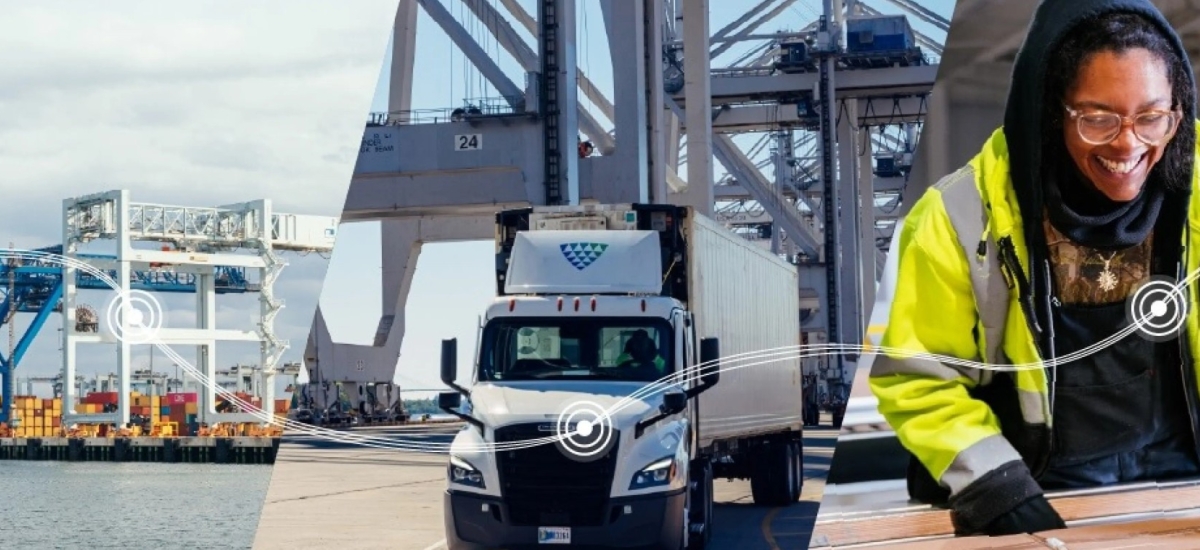 Composite image showing a port crane over water, a Lineage truck moving through a terminal, and a warehouse team member handling packaged goods, illustrating an end-to-end cold chain journey from port to transportation to warehouse operations.