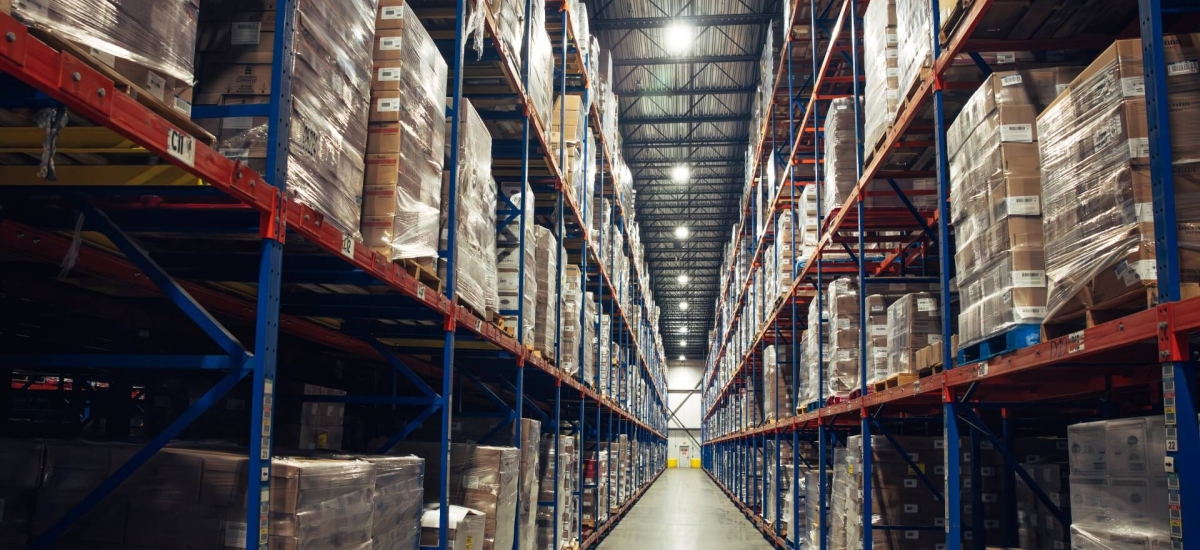 Blast freezing tunnel inside a cold storage warehouse with palletized food products stored in high-bay racking, illustrating rapid temperature-controlled freezing and cold chain preservation.