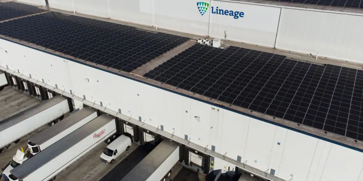Lineage cold storage building in Los Angeles with surrounding infrastructure and parking