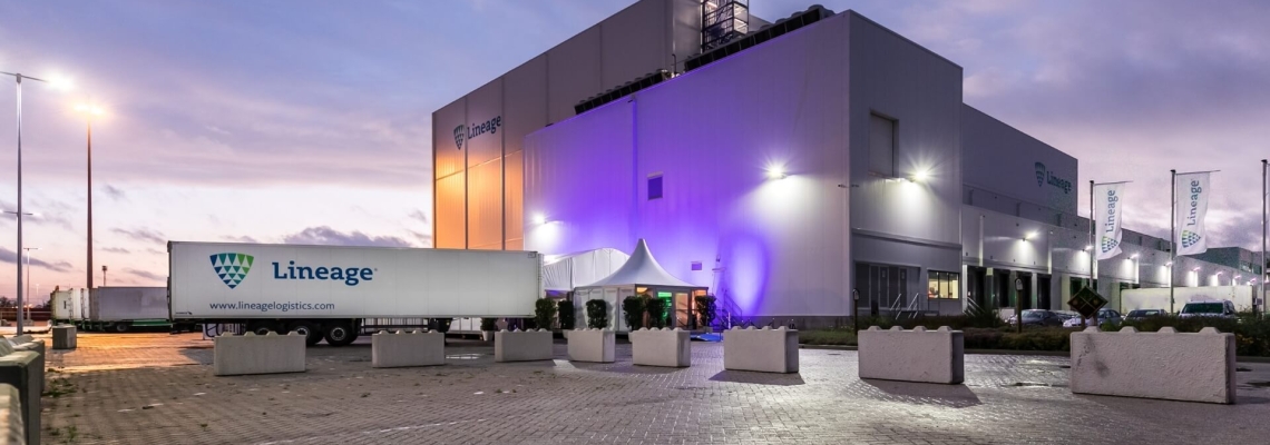 Exterior of Lineage's CoolPort 2 facility in the Netherlands with colorful lights.