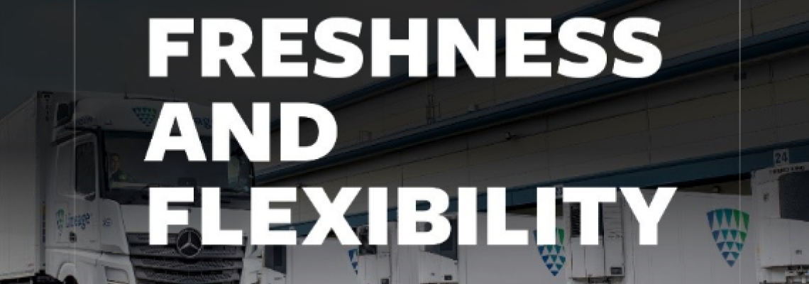 Lineage refrigerated trucks at a UK food wholesaler distribution facility highlighting a 25-year temperature-controlled logistics partnership.