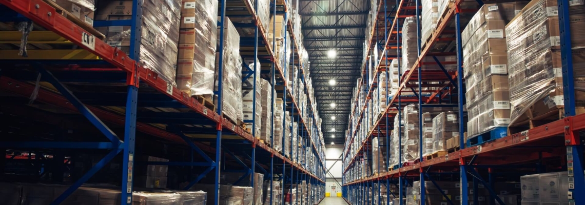 Túnel de blast freezing dentro de un almacén frigorífico con productos alimentarios paletizados almacenados en estanterías de gran altura, que ilustra la congelación rápida con control de temperatura y la preservación de la cadena de frío.