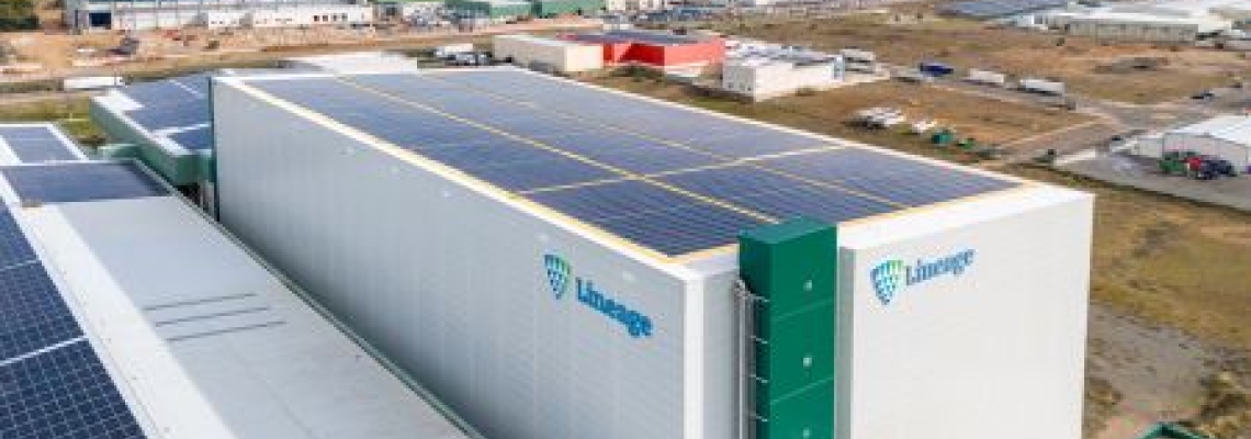 Lineage Milagro facility in Navarra, Spain featuring rooftop solar panels powering temperature-controlled cold storage operations