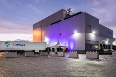 Exterior of Lineage's CoolPort 2 facility in the Netherlands with colorful lights.