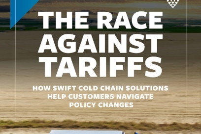 Lineage semi-truck driving along a rural highway beneath dramatic skies, with overlaid text reading “The Race Against Tariffs – How Swift Cold Chain Solutions Help Customers Navigate Policy Changes.”
