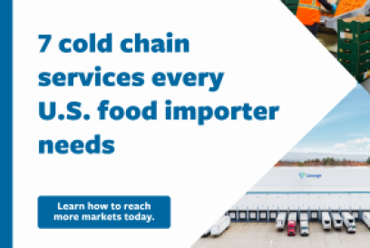 Graphic promoting Lineage’s article on the 7 cold chain services every U.S. food importer needs, featuring warehouse and cold storage imagery with a CTA to learn how to reach more markets.