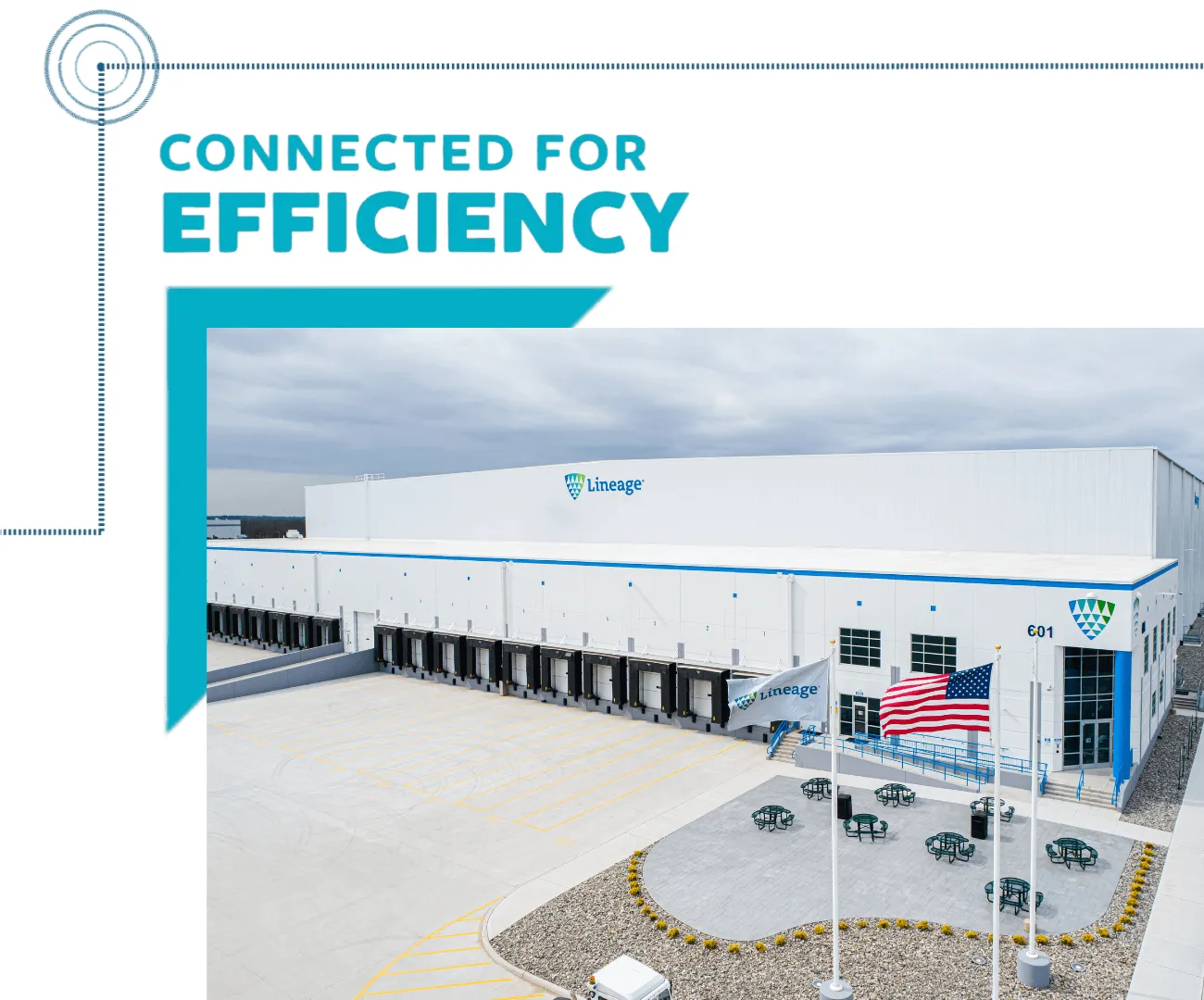 A Lineage cold storage warehouse facility with dock doors and loading bays, illustrating how global warehousing connects storage, transportation and trade for greater efficiency.