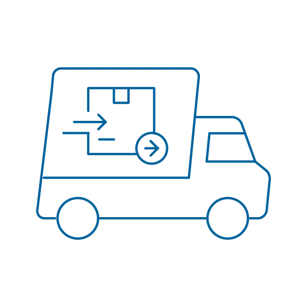 Icon of a delivery truck with package and arrows representing consolidation and specialized delivery services.