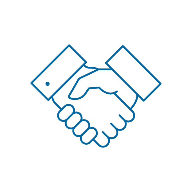Icon of two hands shaking representing execution support and collaboration.