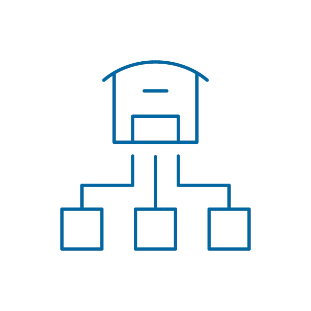 Icon of a warehouse connected to multiple nodes representing coordinated transportation services.